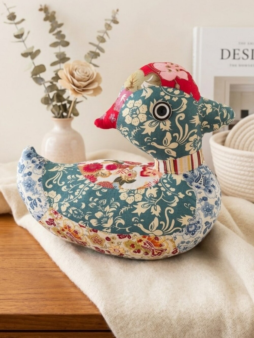Handmade Patchwork Fabric Duck Plush Doorstop Shelf Sitter OOAK